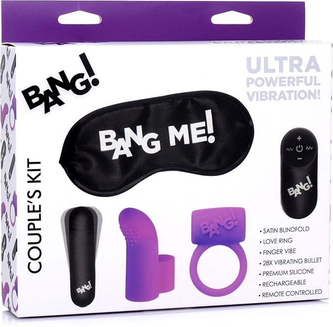Bang! Couple's Kit with RC Bullet, Blindfold, Cock Ring & Finger Vibe - Purple