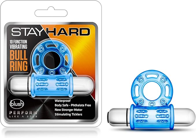 STAY HARD – 10 FUNCTION VIBRATING MEGA BULL RING – CLEAR-BLUE