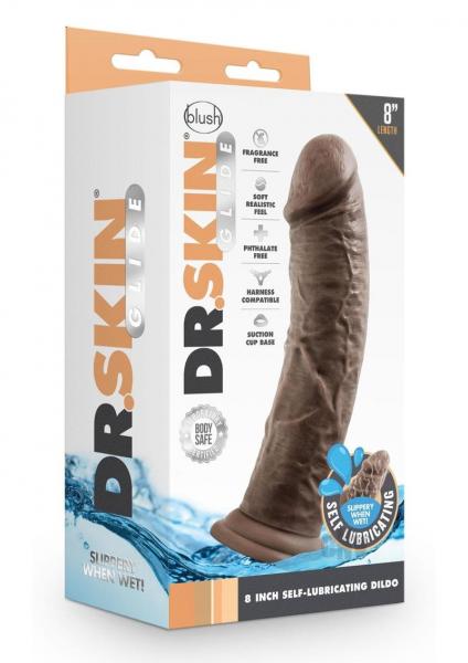 BL-55816 DR. SKIN GLIDE – 8 INCH SELF LUBRICATING DILDO – CHOCOLATE