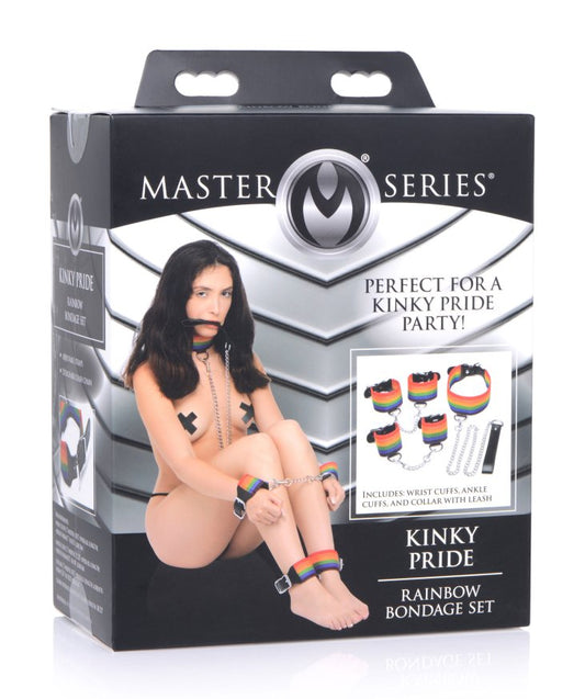 AG538 MASTER SERIES – KINKY PRIDE RAINBOW BONDAGE SET – WRIST & ANKLE CUFFS & COLLAR W/LEASH