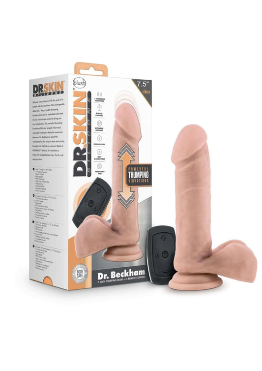 BL-66463 DR. SKIN SILICONE – DR BECKHAM – 7.5 INCH THUMPING DILDO WITH REMOTE CONTROL – VANILLA