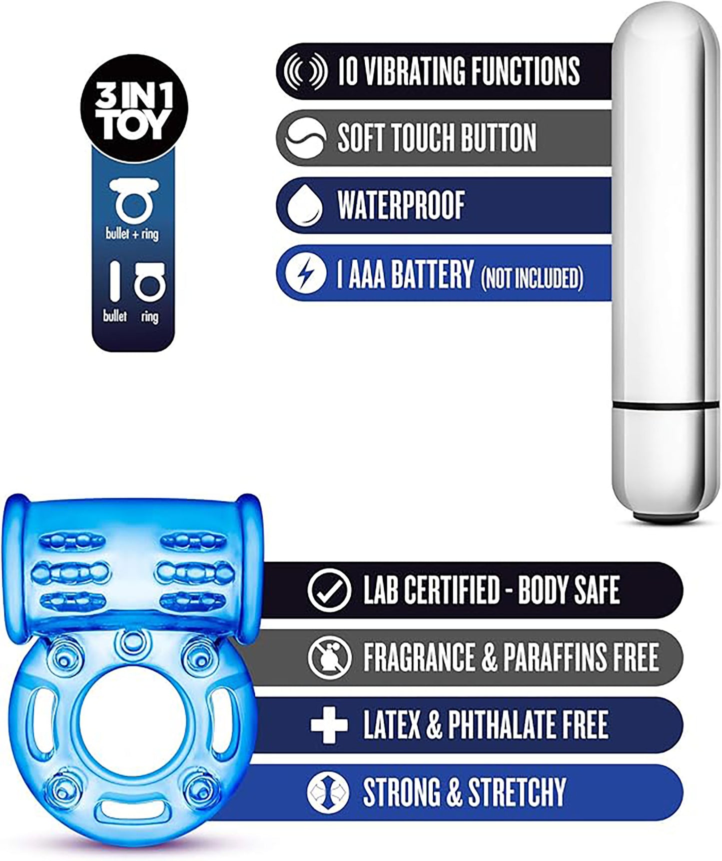 BL-31902 Stay Hard rechargeable 5 Function Cock Ring Blue