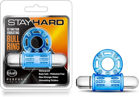 STAY HARD – 10 FUNCTION VIBRATING MEGA BULL RING – CLEAR-BLUE
